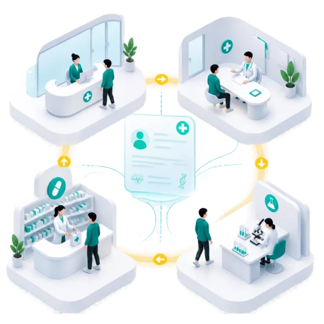 A hospital wing: reception, consultation, pharmacy and laboratory around one patient record