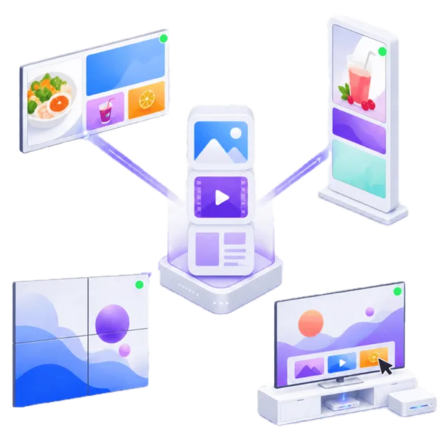 A media library publishing to a menu board, a totem, a video wall and a TV