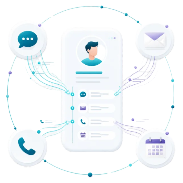 A contact record with chat, mail, phone and calendar around it, every message landing on one timeline