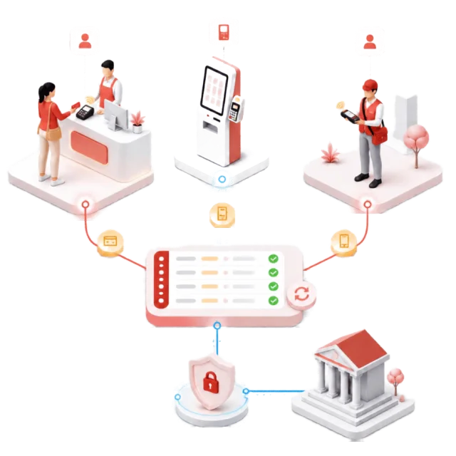 A staffed counter, a self-service kiosk and a handheld reader reconciling into one ledger, with a shield and a bank